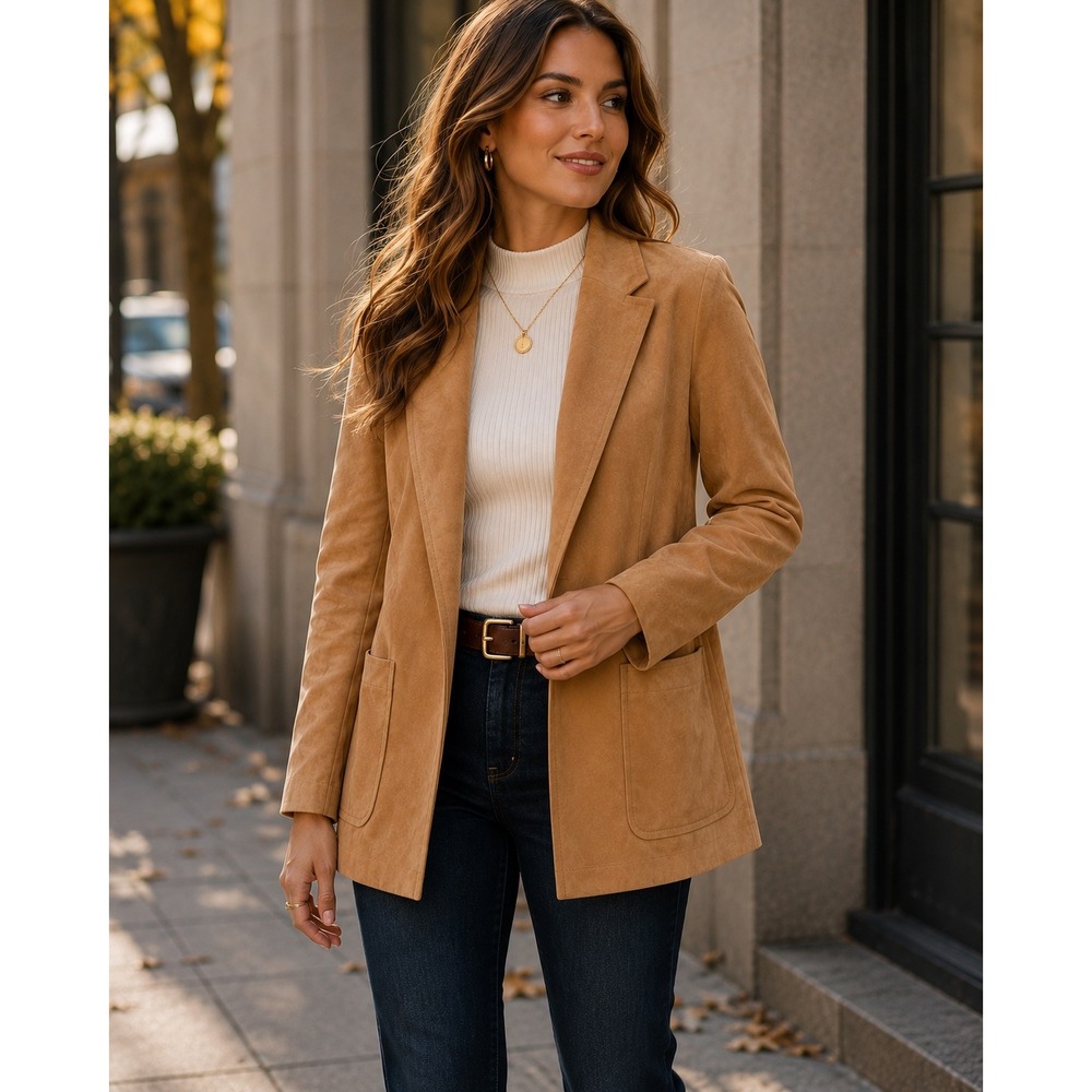 NWT Camel Faux Suede Longline Blazer Jacket Quiet Luxury Minimalist Tan Sz M